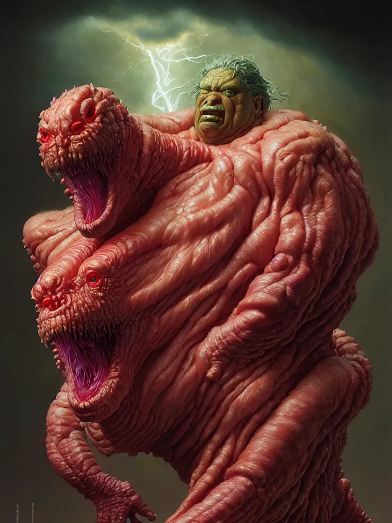 Image similar to hyperrealistic rendering, fat smooth cronenberg flesh monster final fantasy behemoth by donato giancola and greg rutkowski and wayne barlow and zdzisław beksinski, eyeballs, product photography, action figure, sofubi, studio lighting, colored gels, colored background