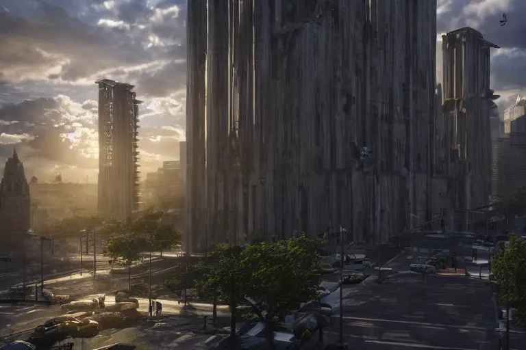 Image similar to streetscape, a towering cathedral of brutalist architecture, buildings covered with greebles, stunning volumetric light, sunset, metal, concrete and translucent material, stunning skies, majestic landscape, trending on Artstation, 8k, photorealistic, hyper detailed, unreal engine 5, IMAX quality, cinematic, epic lighting, in the style of Greg Rutkowski