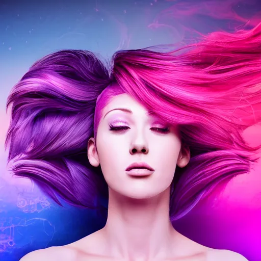 Image similar to a award winning upper body portrait of a beautiful woman in a coprtop with a ombre purple pink hairstyle with head in motion and hair flying, outrun, vaporware, vivid colors, highly detailed, fine detail, intricate