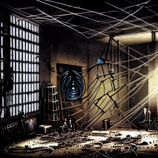 Image similar to a biomechanical cybergoth of dust and ash and wires in a dark grimy bleak room, low key