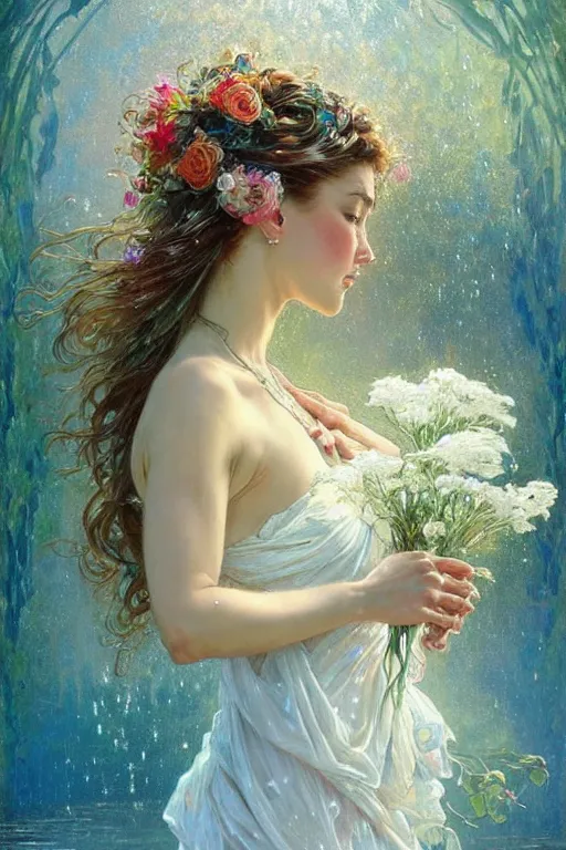 Image similar to portrait of a beautiful woman wearing a white dress, holding a bouquet of flowing flowers, drenched body, wet dripping hair, emerging from the water, fantasy, regal, fractal crystal, fractal gems, by stanley artgerm lau, thomas kindkade, alphonse mucha, loish, norman rockwell