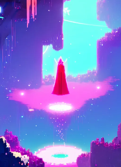 Image similar to a person upspiraling to the sparkles of crystal, diamond and rose quartz, going into dark infinity, beautiful high quality art in hyper light drifter style, trending on artstation