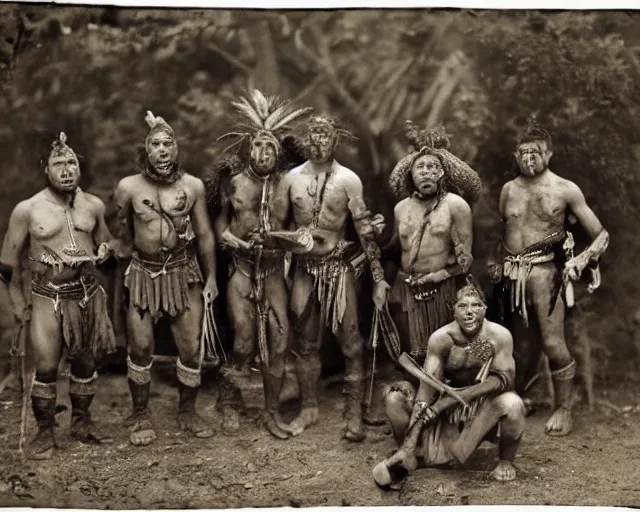 Image similar to group vintage photograph of a warrior orc tribe with a human explorer, highly detailed