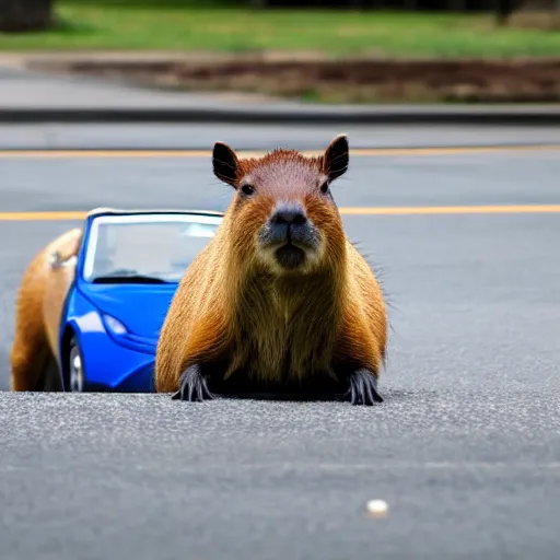 Image similar to A highly detailed photograph of a capybara driving a blue convertible sports car at high speeds