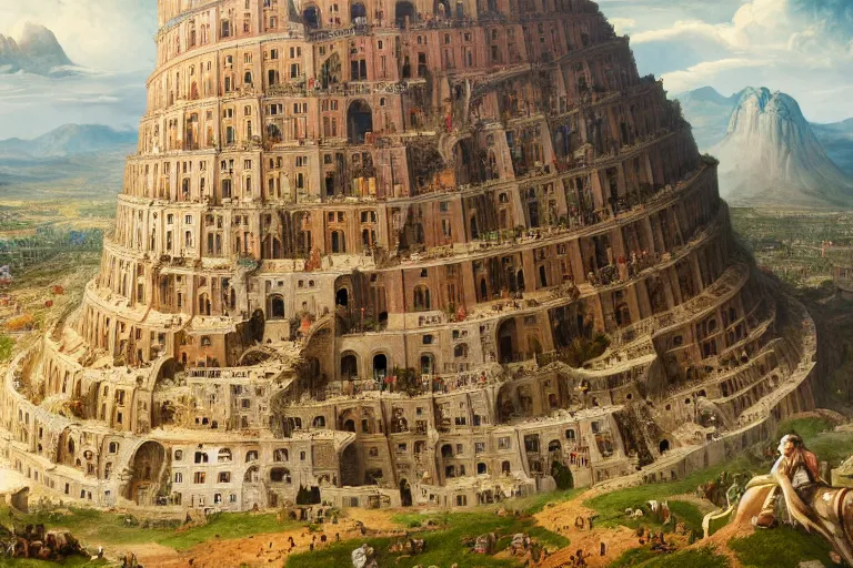 Image similar to tower of babel, oil painting, epic, cinematic, highly detailed, full res, video game, featured on artstation