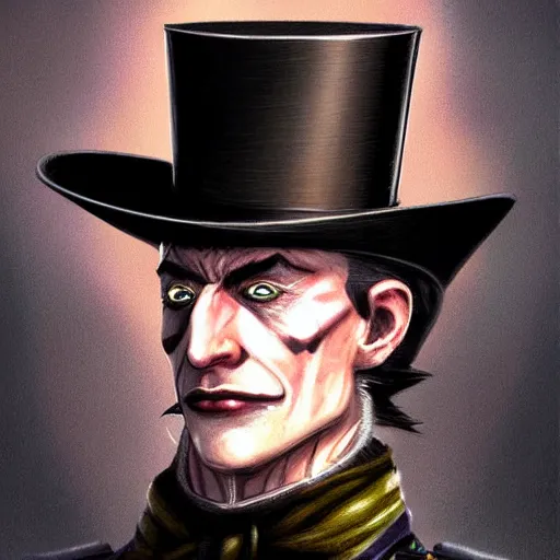 Prompt: Doran, a human warrior in a top hat, 8k resolution, full-length portrait, digital painting, fantasy illustration by Brom, D&D character art