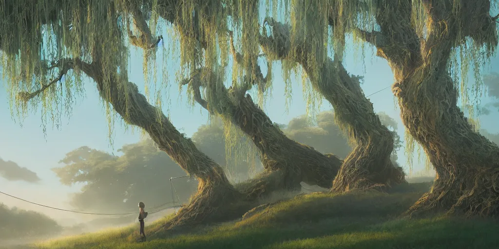 Prompt: willow tree, matte oil painting, highly detailed, hyperrealistic, cinematic, breathtaking, beautiful composition, Studio Ghibli, Dan Mumford, James Jean, volumetric lighting, octane render, 4K resolution, trending on artstation