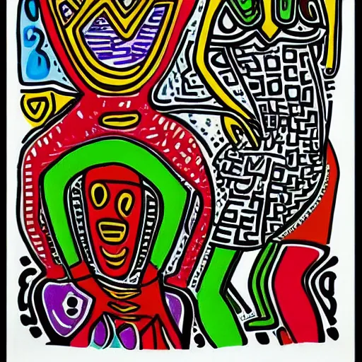 Image similar to a black woman, pregnant, by keith harring, intricate details, colorful, happy, bright