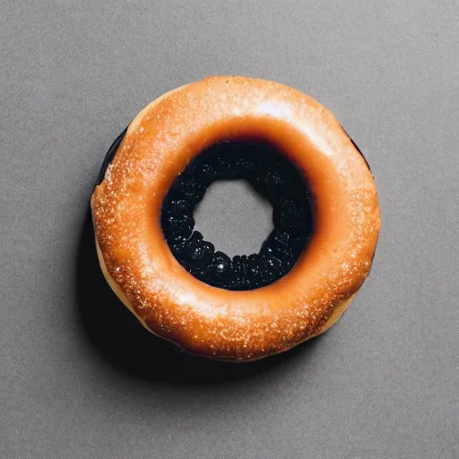 Image similar to Perfectly circular donut!!!!! in the style and shape of a blackberry!!!!!!, trending on artstation, 4k, 8k, professional photography, overhead shot, 35mm lens