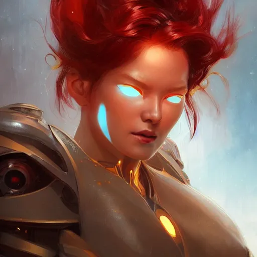 Prompt: An Asian cyborg wind goddess with beautiful red hair and glowing gold eyes, portrait, highly detailed, digital painting, artstation, concept art, sharp focus, illustration, cinematic lighting, art by artgerm and greg rutkowski and alphonse mucha