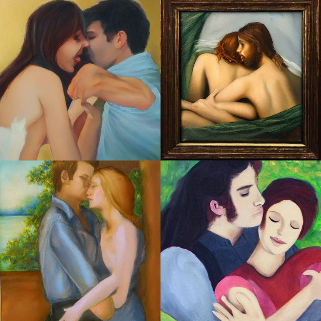 Prompt: romantic painting of two lovers cuddling