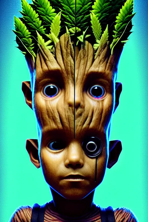 Image similar to duotone concept illustration 3 / 4 portrait of kid face consisting of marijuana, baby groot, cannabis!, high quality 3 d render very cute cyborg weed! incorporated speakers!, cyberpunk highly detailed, unreal engine cinematic smooth, in the style of blade runner & detective pikachu, hannah yata charlie immer, moody light, low angle, uhd 8 k, sharp focus