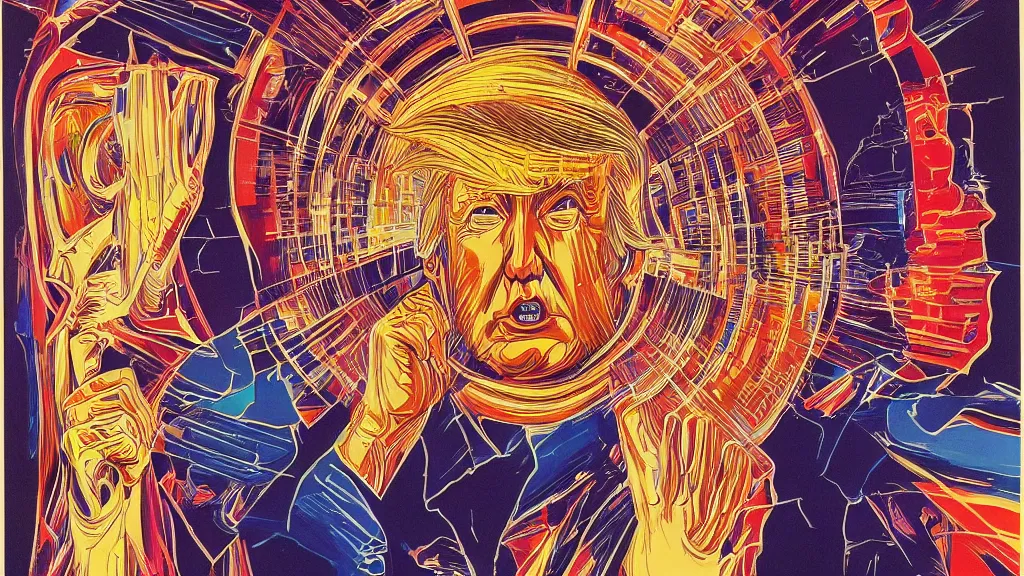 Image similar to donald trump apotheosis in the style of syd mead and alex grey