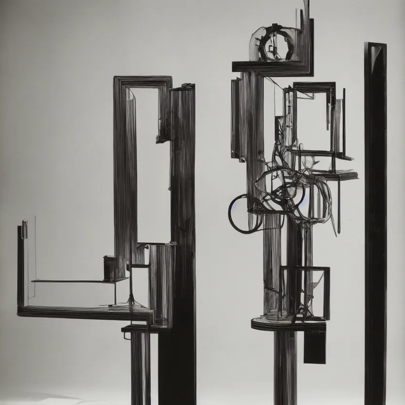 Prompt: an impossible quantum readymade machine by Marcel Duchamp on a pedestal, packshot, by Irving Penn and Man Ray, 4k