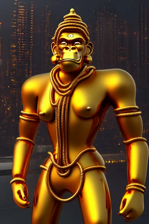 Image similar to high quality 3 d render cyborg gold hanuman! with nose piercings, cyberpunk highly detailed, mumbai in the background, unreal engine cinematic smooth, in the style of blade runner & solaris, hannah yata charlie immer, moody light, low angle, uhd 8 k, sharp focus