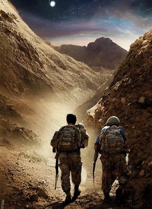 Prompt: two Pakistani soldiers hiking in Afghanistan hills, digital art, galaxy sky, dramatic light, oscar winning movie poster, realistic, render, photorealistic intricate