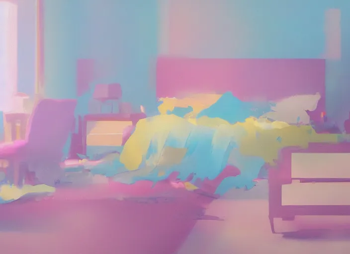 Image similar to placid pastel morning messy bedroom trending on pixiv