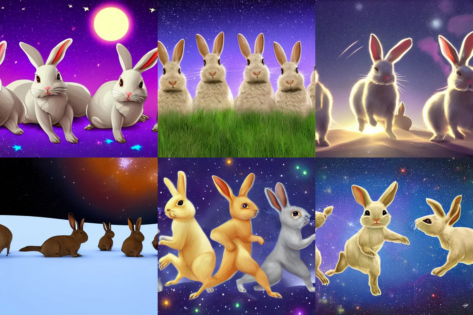 Prompt: A group of rabbits are running in the stars, 4k
