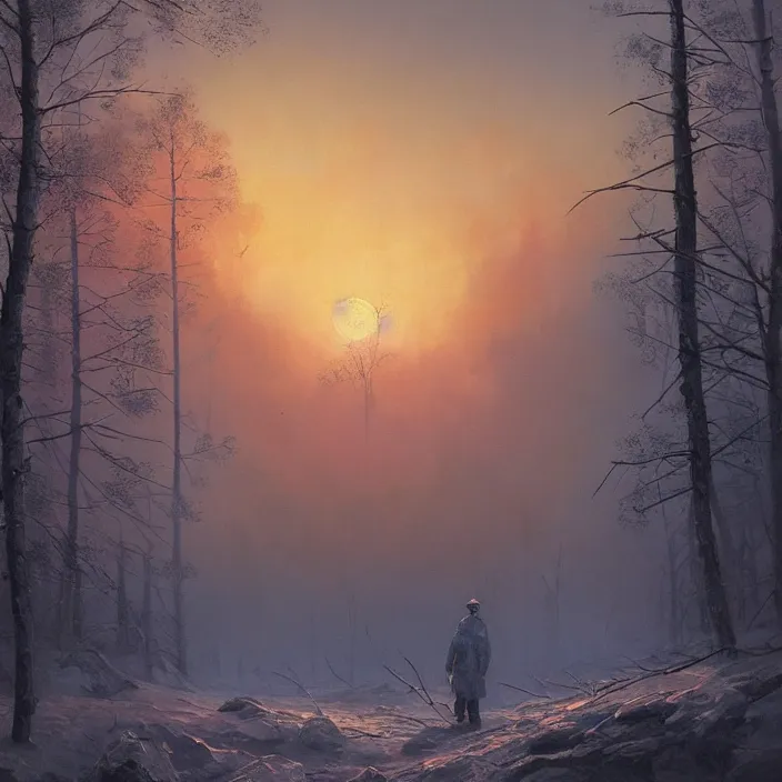 Image similar to a 3 d painting of winter chernobyl sunset by ivan aivazovsky and zdzisław beksinski and simon stalenhag! and greg rutkowski! and james gurney, in style of digital art. hyper detailed, sharp focus, soft light. octane render. maya. ray tracing. trending on artstation