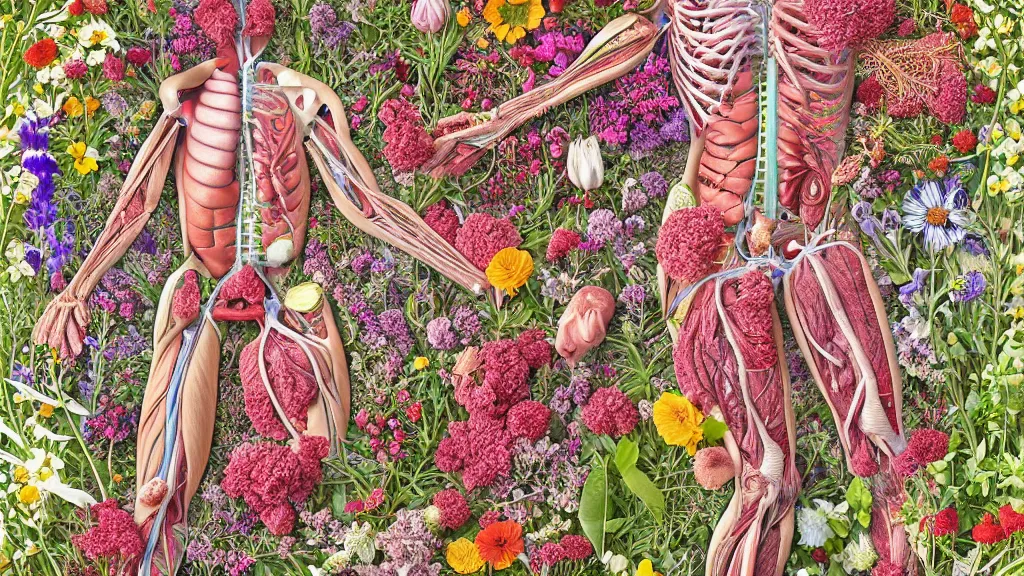 Image similar to highly detailed illustration of a human anatomy body exploded by all the known species of flowers by oliver vernon, by juan gatti