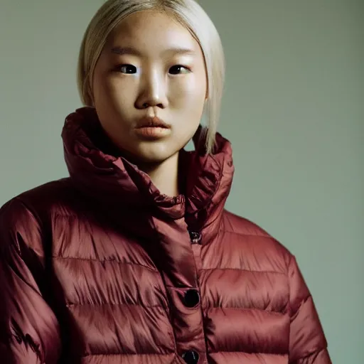 Image similar to realistic photoshooting for a new balenciaga lookbook, color film photography, portrait of a blonde asian woman, model wearing a puffer jacket, photo in style of tyler mitchell, 3 5 mm,