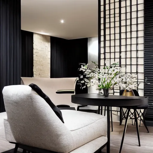 Image similar to lounge and dining room, stone, interior design, stylish luxury hotel living room design, yakisugi, black vertical slatted timber, textures, feminine, black walls, art, Japanese pottery vase with flowers, kakejiku, seasonal, Japanese influences