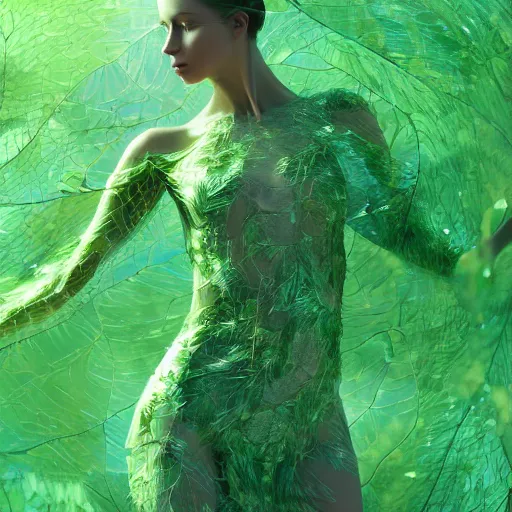 Prompt: a highly detailed ethereal full body digital image of a elegantly posed dancing futuristic woman beautifully cocooned in realistic green leafy foliage liquid like leaves shot, full body shot, by Andrew Chiampo, artstation, and Frederik Heyman, extremely detailed woman, stunning volumetric lighting, hyper realism, fantasy 4k