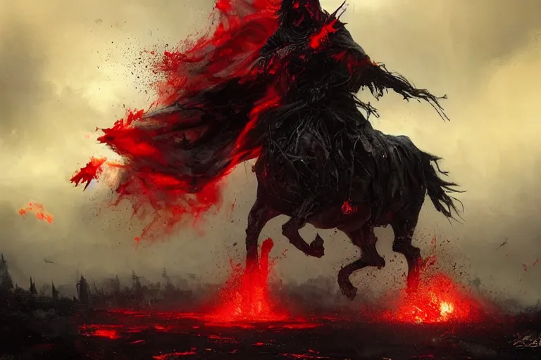 Image similar to a grim reaper, splattered with blood, riding a large black horse, with red glowing eyes, flowing red mane and tail, blackened clouds cover sky, crackling with lightning, a castle in distance burns, concept art by greg rutkowski, craig mullins, todd mcfarlane,