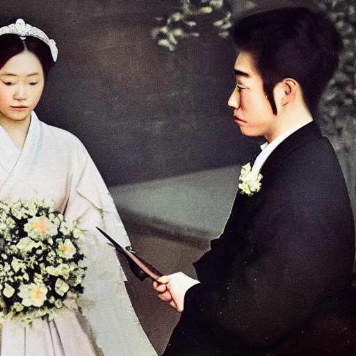 Image similar to a wide full shot, colored russian and japanese mix historical fantasy of a photograph taken of the royal wedding officiant addresses the couple, photographic portrait, warm lighting, 1 9 0 7 photo from the official wedding photographer for the royal wedding. ultra realistic, photorealistic, cinema, hyper realistic, depth of field, film still.