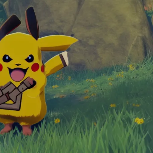 Prompt: Film still of Pikachu, from The Legend of Zelda: Breath of the Wild (2017 video game)