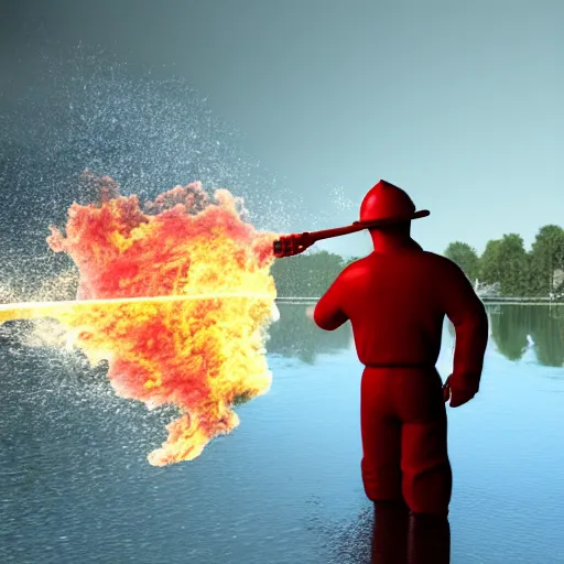 Prompt: a 3d render of a fireman spraying fire out of a hose into a lake