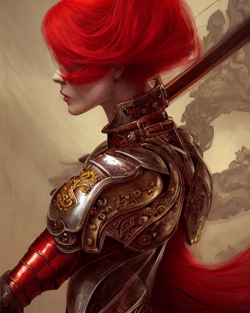 Image similar to redhead queen knight in heavy red armor, inside grand hall in castle with rococo aesthetic, intimidating, high fantasy, intricate detail, digital painting, artstation, concept art, smooth, sharp focus, illustration, art by yoshitaka amano and monia merlo and wlop, masterpiece