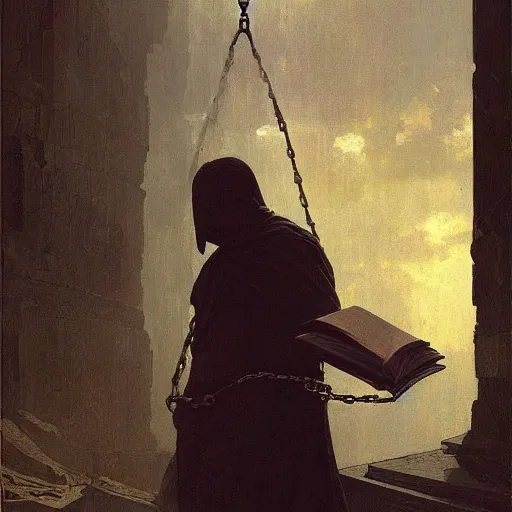 Image similar to half portait of magican wearing a closed cowl holding a big old book! chained!!! to his wrist, jeremy mann, jean leon gerome, alphonse mucha, greg rutkowski, hood covers his eyes, ( ( ruins of ancient rome ) ), at dusk, mysterious atmosphere, sunrays, dof, masterpiece, high detailed, 8 k
