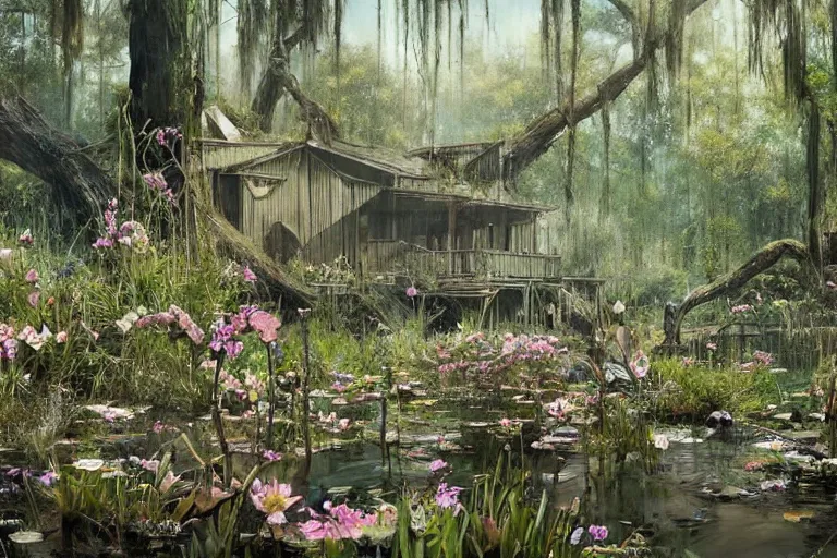 Image similar to hyperrealism, scene from louisiana swamps, starship, spring blooming flowers garden, true detective, 8 0 s japanese sci - fi books art