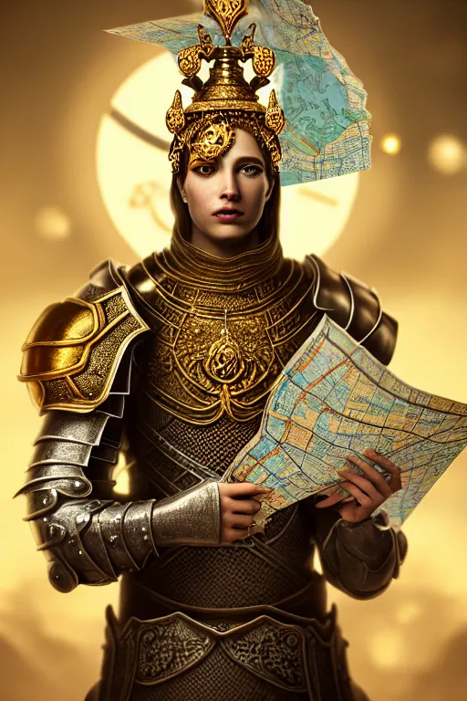 Image similar to hyperdetailed matte illustration of a knight wearing an ornate gold headpiece and holding a flower with a map of the collective subconscious in the background by octane render