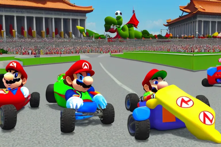 Image similar to mario kart in tiananmen square, ingame screenshot, highly detailed