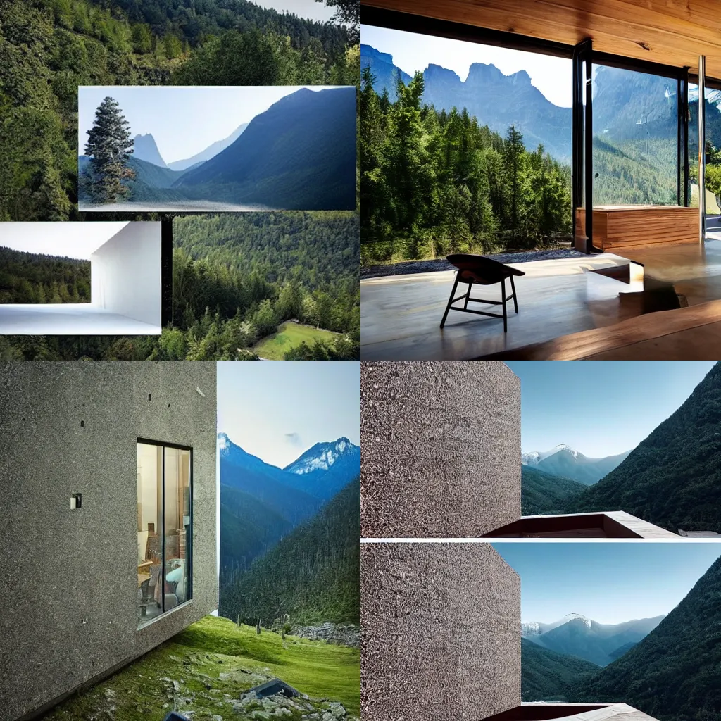 Prompt: A modern house's wall just ripped open a jagged crack into another reality; a rift into another world with beautiful scenery of mountains and forests