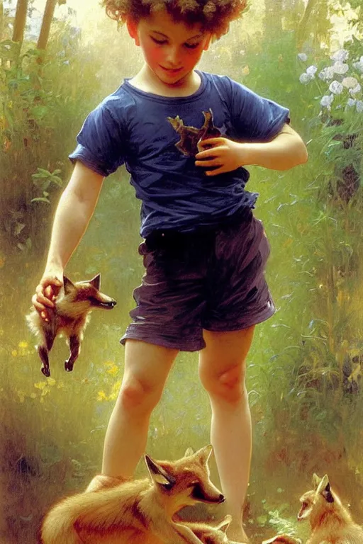 Image similar to a seven - year old with curly dirty blonde hair, blue eyes, tan skin a tee shirt and shorts, playing with foxes, painting by daniel gerhartz, alphonse mucha, bouguereau, detailed art, artstation