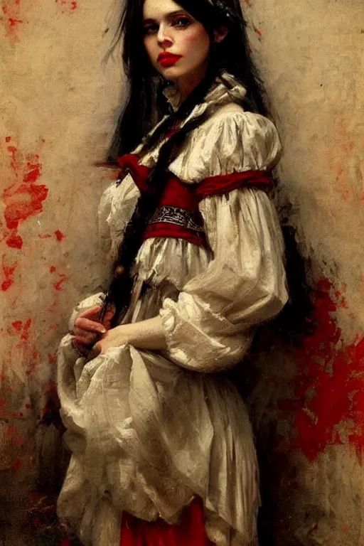 Image similar to Solomon Joseph Solomon and Richard Schmid and Jeremy Lipking victorian genre painting full length portrait painting of a young beautiful woman traditional german french pirate wench in fantasy costume, red background