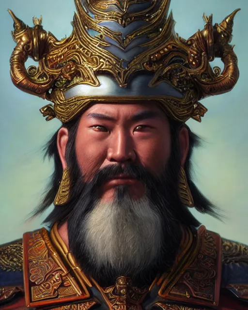 Image similar to guan yu portrait | highly detailed | very intricate | symmetrical | whimsical and magical | soft cinematic lighting | award - winning | closeup portrait | doll | painted by donato giancola and mandy jurgens and ross tran | pastel color palette | featured on artstation