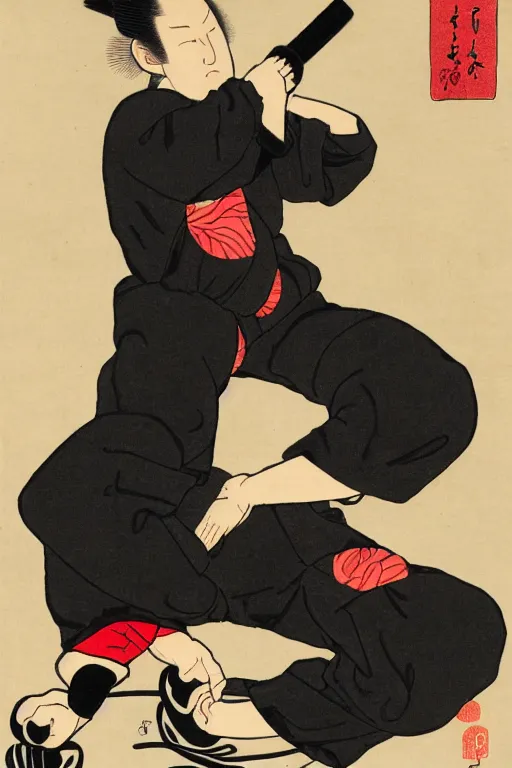 Image similar to Ukiyo-e art of squatting man in black Adidas tracksuit
