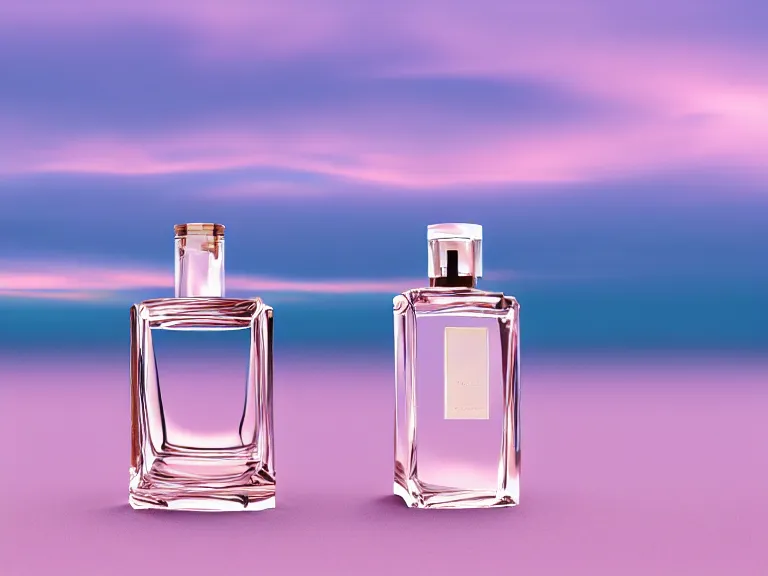 Prompt: perfume bottle standing on lilpadss in a deep blue frosted pond ; mute dramatic colours, soft blur outdoor stormy sea background, dramatic, mid day, sand dune background, soft lilac skies, large scale, hyperrealistic, lots of detail, realistic lighting, octane render, by wlop, artgerm, trending on artstation