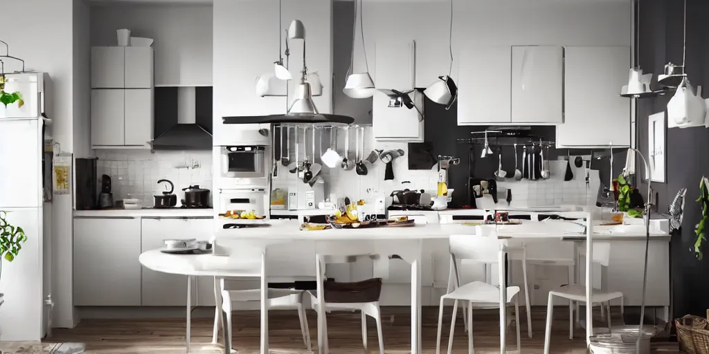 Prompt: a realistic rendering of a kitchen interior, ikea photo catalogue, but there are minions cooking breakfast