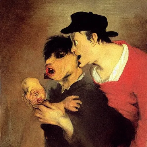 Image similar to the nostalgia critic devouring his son, painting by francisco goya