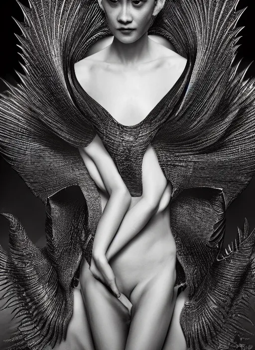 Prompt: a portrait of tessa kuragi by serge lutens, wearing iris van herpen outfit, photorealistic, intricate details, hyper realistic, photorealistic, canon r 3, photography, symmetrical features, symmetrical pose, wide angle shot, head to toe, standing pose, feet on the ground,