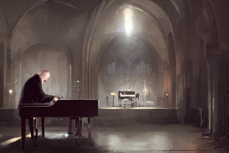 Image similar to an expressive portrait of agent 4 7 playing the piano in a monastery, dark background, red rim light, digital art, artstation, concept art by giger stalenhag