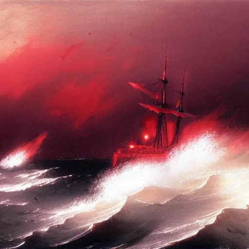 Image similar to bloody ocean, rusted iron ship sinking in red blood ocean, by Ivan Aivazovsky, junji ito, hd 8k