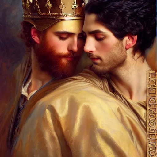 Prompt: attractive fully clothed king confesses his love for his attractive fully clothed male prince. highly detailed painting by gaston bussiere, tom bagshaw, j. c. leyendecker