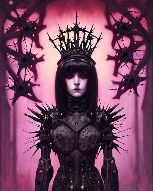 Prompt: portrait of beautiful cute goth maiden girl with crown of thorns in warhammer demonic mechanical armor, high details, neon colors, art by ( ( ( kuvshinov ilya ) ) ) and wayne barlowe and gustav klimt and artgerm and wlop and william - adolphe bouguereau