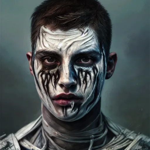 Image similar to portrait painting of young man with severe burn scars on his face and poorly cut short hair with a severe expression wearing tattered light armor, ultra realistic, concept art, intricate details, eerie, highly detailed, photorealistic, octane render, 8 k, unreal engine. art by artgerm and greg rutkowski and charlie bowater and magali villeneuve and alphonse mucha